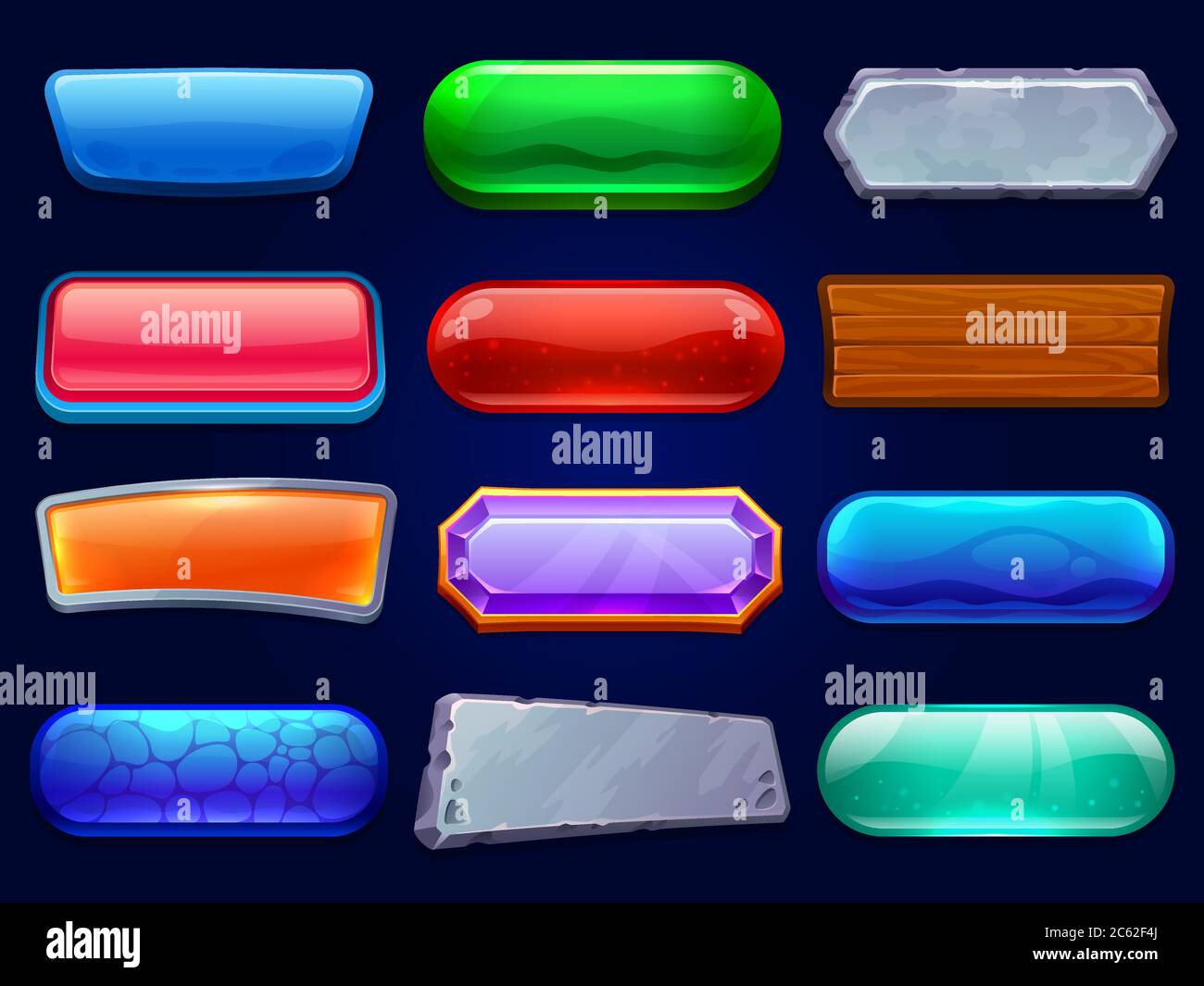 Pulsanti di gioco. Pannello delle opzioni di gioco, frame di interfaccia dei menu e set di illustrazioni vettoriali dei pulsanti dell'interfaccia utente del gioco Illustrazione Vettoriale
