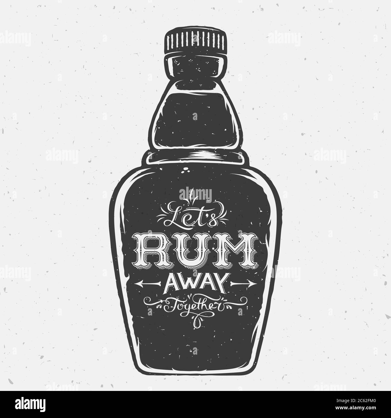 Lascia Rum insieme con la scritta Abstract Vintage sulla bottiglia disegnata a mano. Scheda vettore, etichetta, Poster o sfondo. Illustrazione Vettoriale