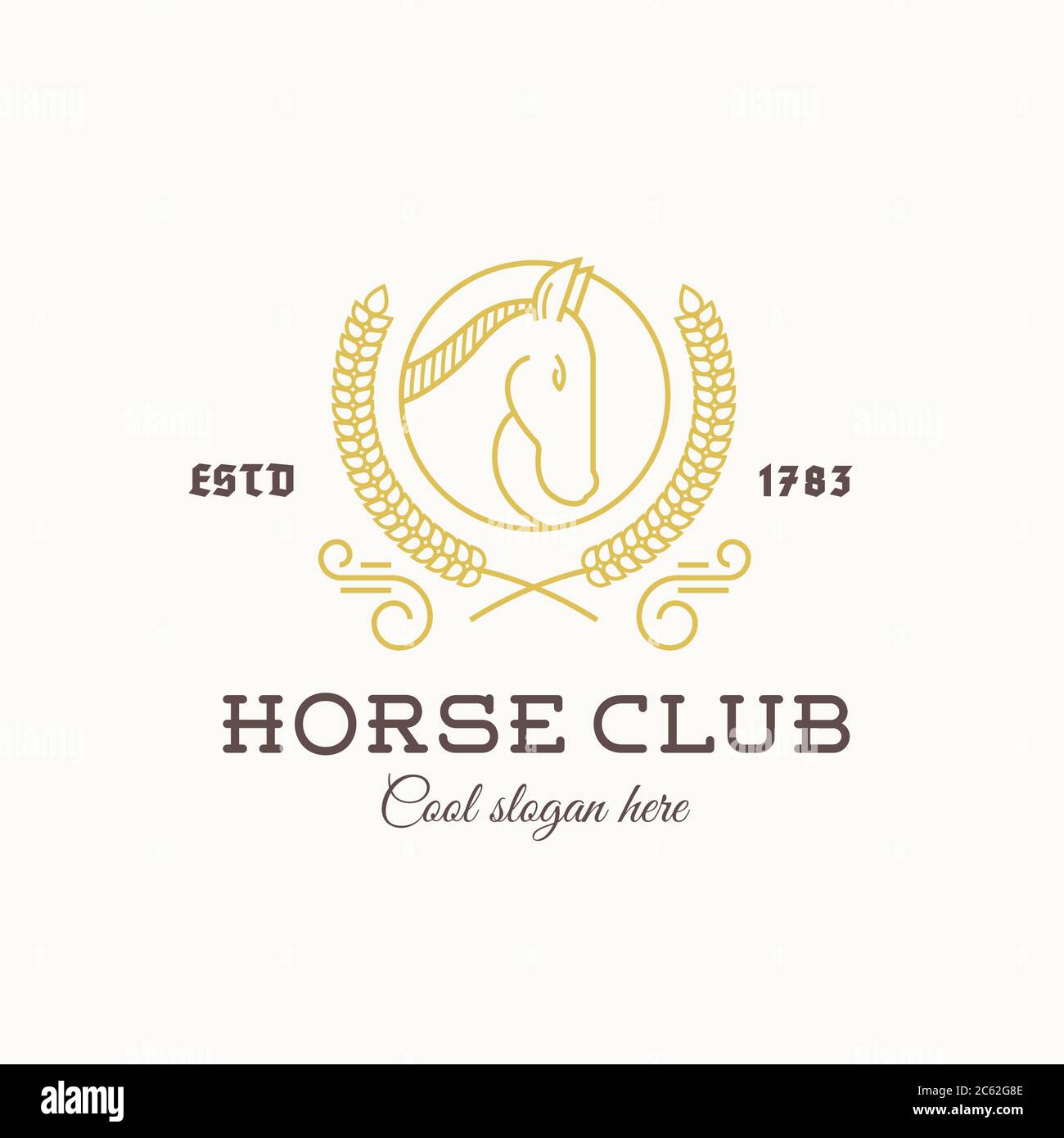 Horse Club Abstract Logo vettoriale modello stile linea con tipografia. Stallone testa in un cerchio. Laurel. Oro e marrone su Biege sfondo Illustrazione Vettoriale