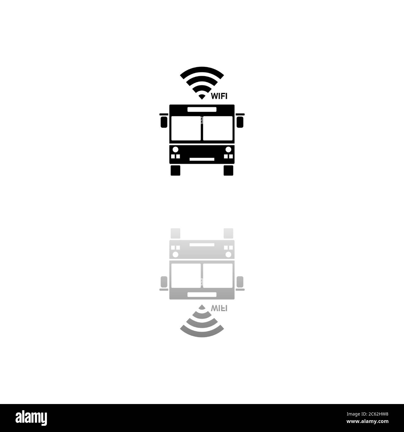Bus wi-fi. Simbolo nero su sfondo bianco. Illustrazione semplice. Icona vettore piatto. Specchia ombra di riflessione. Può essere utilizzato in logo, Web, dispositivi mobili e interfaccia utente Illustrazione Vettoriale