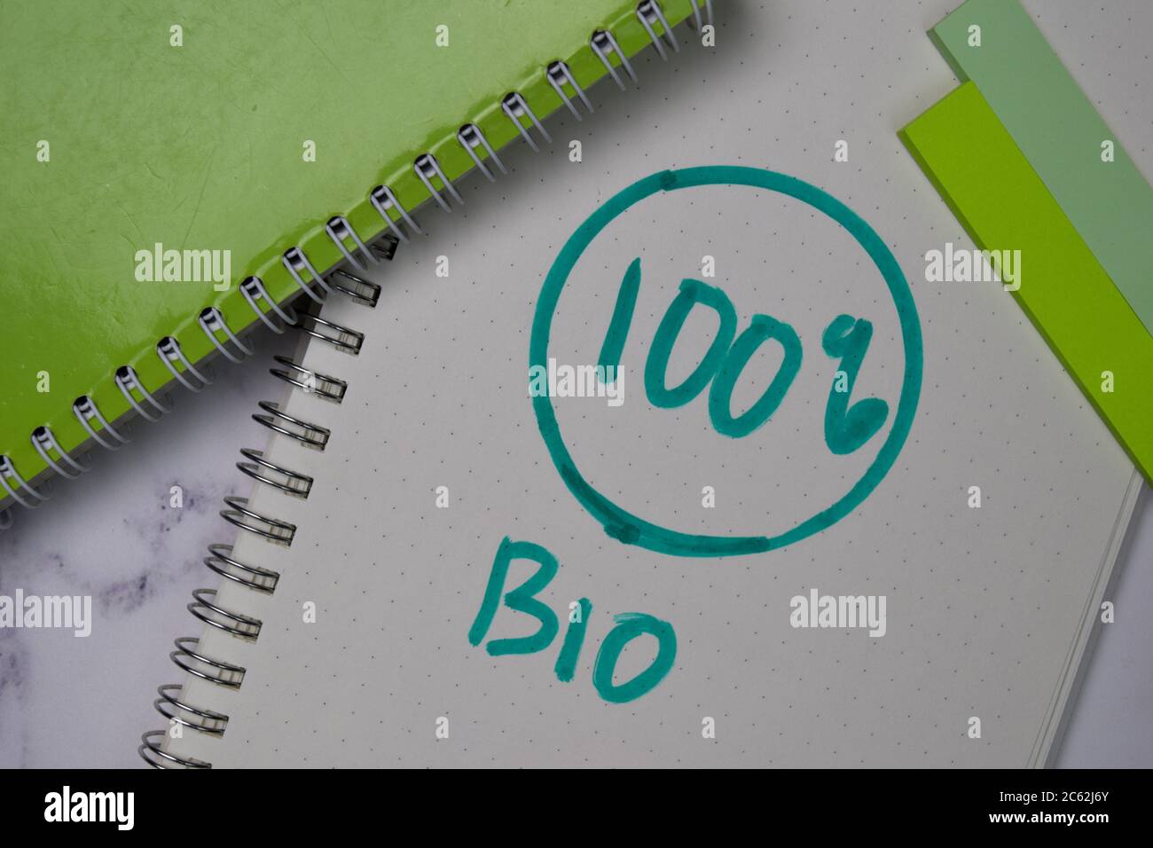 100% BIO scrivere su un libro isolato tavolo di legno. Foto Stock