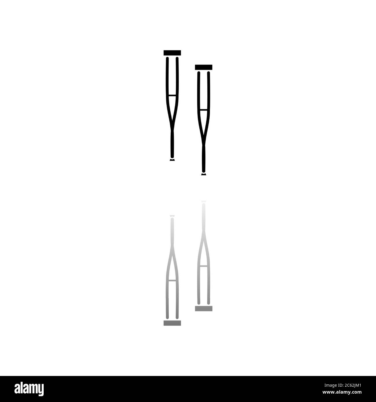 Crutches di salute. Simbolo nero su sfondo bianco. Illustrazione semplice. Icona vettore piatto. Specchia ombra di riflessione. Può essere utilizzato in logo, Web, cellulare A. Illustrazione Vettoriale