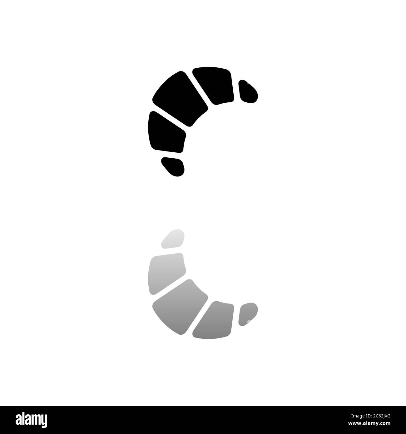 Croissant. Simbolo nero su sfondo bianco. Illustrazione semplice. Icona vettore piatto. Specchia ombra di riflessione. Può essere utilizzato in logo, Web, dispositivi mobili e interfaccia utente Illustrazione Vettoriale