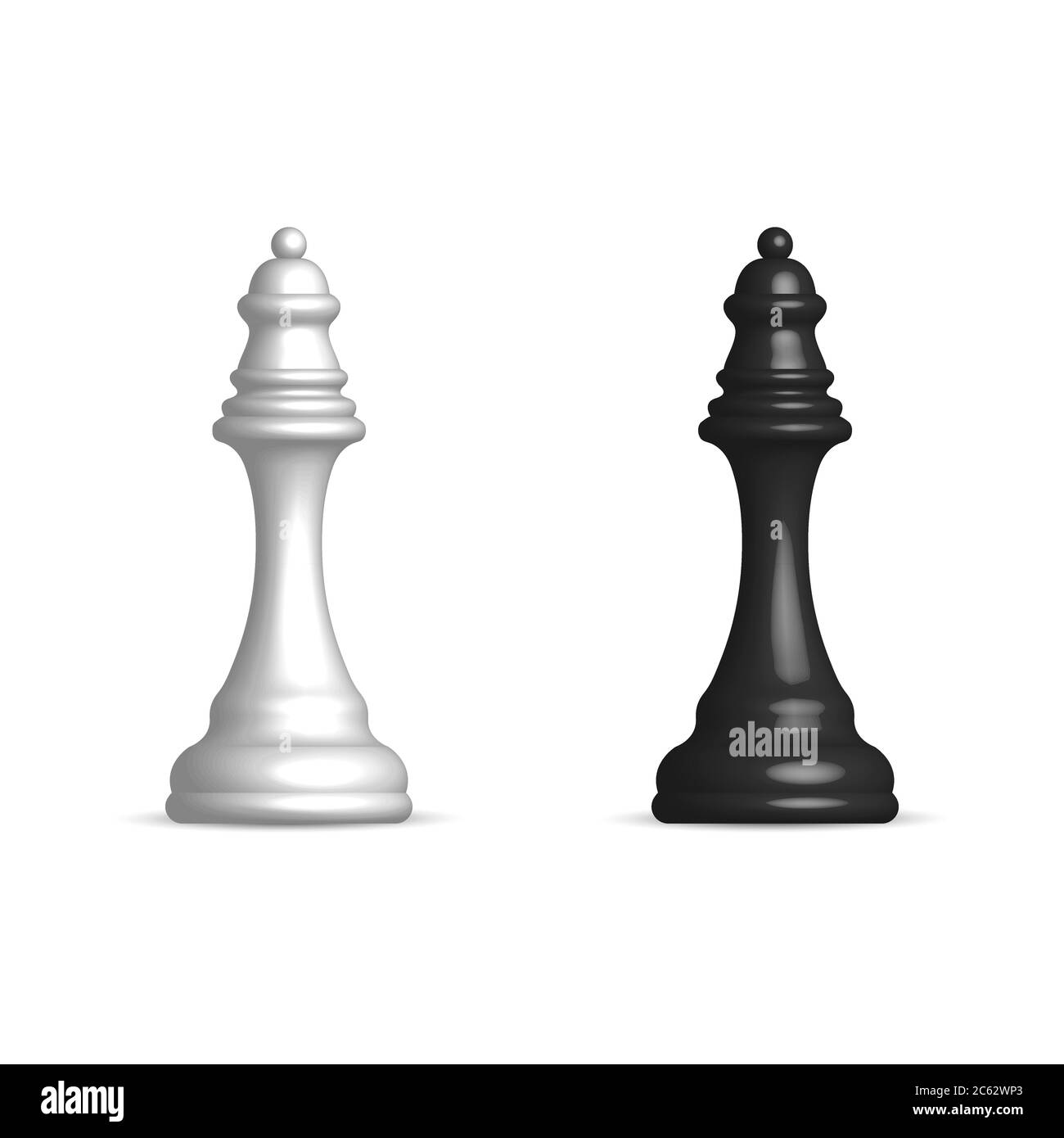 Foto realistico pezzo di scacchi bianco e nero regina. Vista frontale, illustrazione vettoriale. Illustrazione Vettoriale