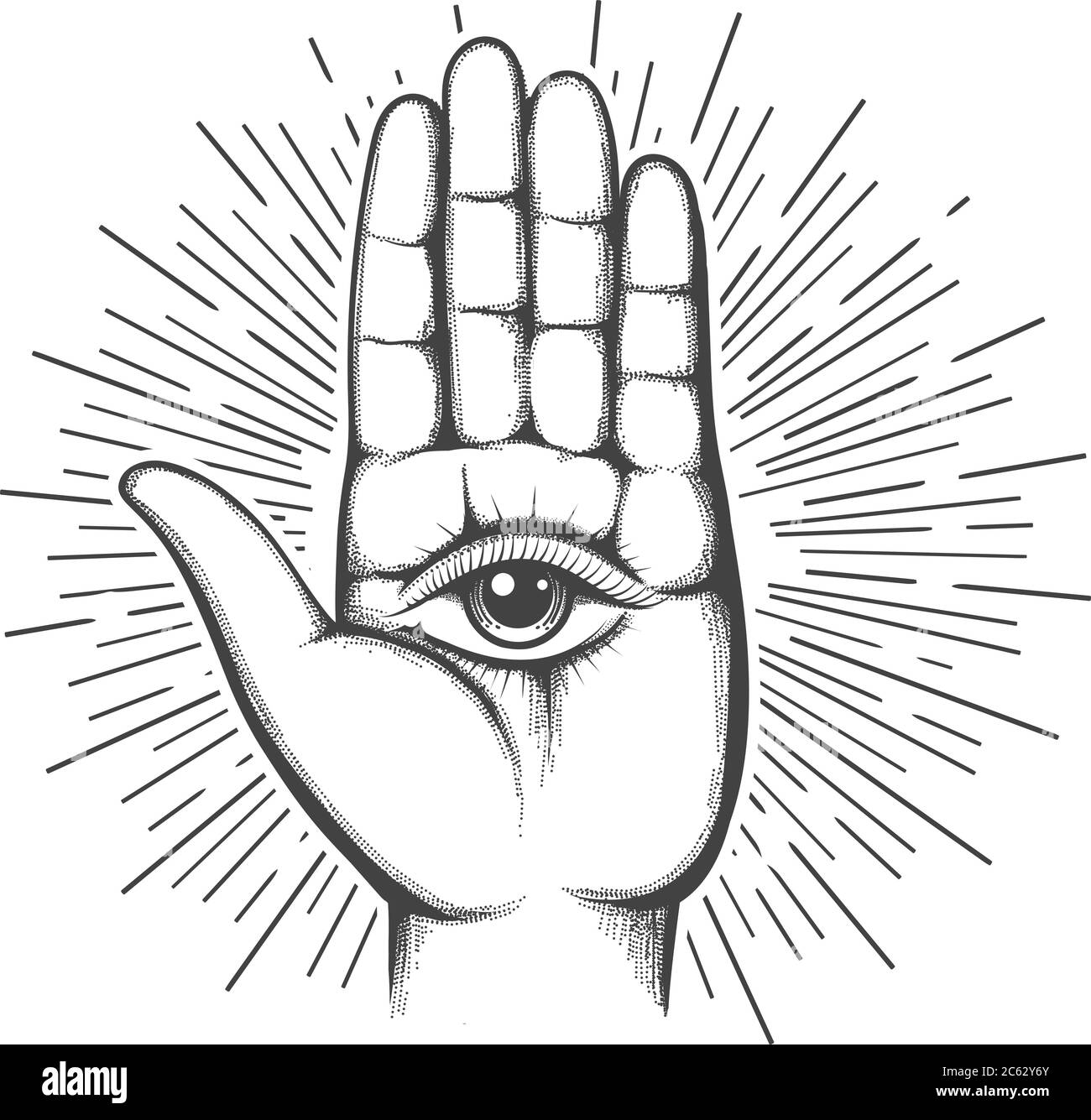 Apri la mano con l'occhio visivo sul tatuaggio palmo. Occulto, Astrologia, Spirito Santo, segno Masonico. Illustrazione vettoriale Illustrazione Vettoriale