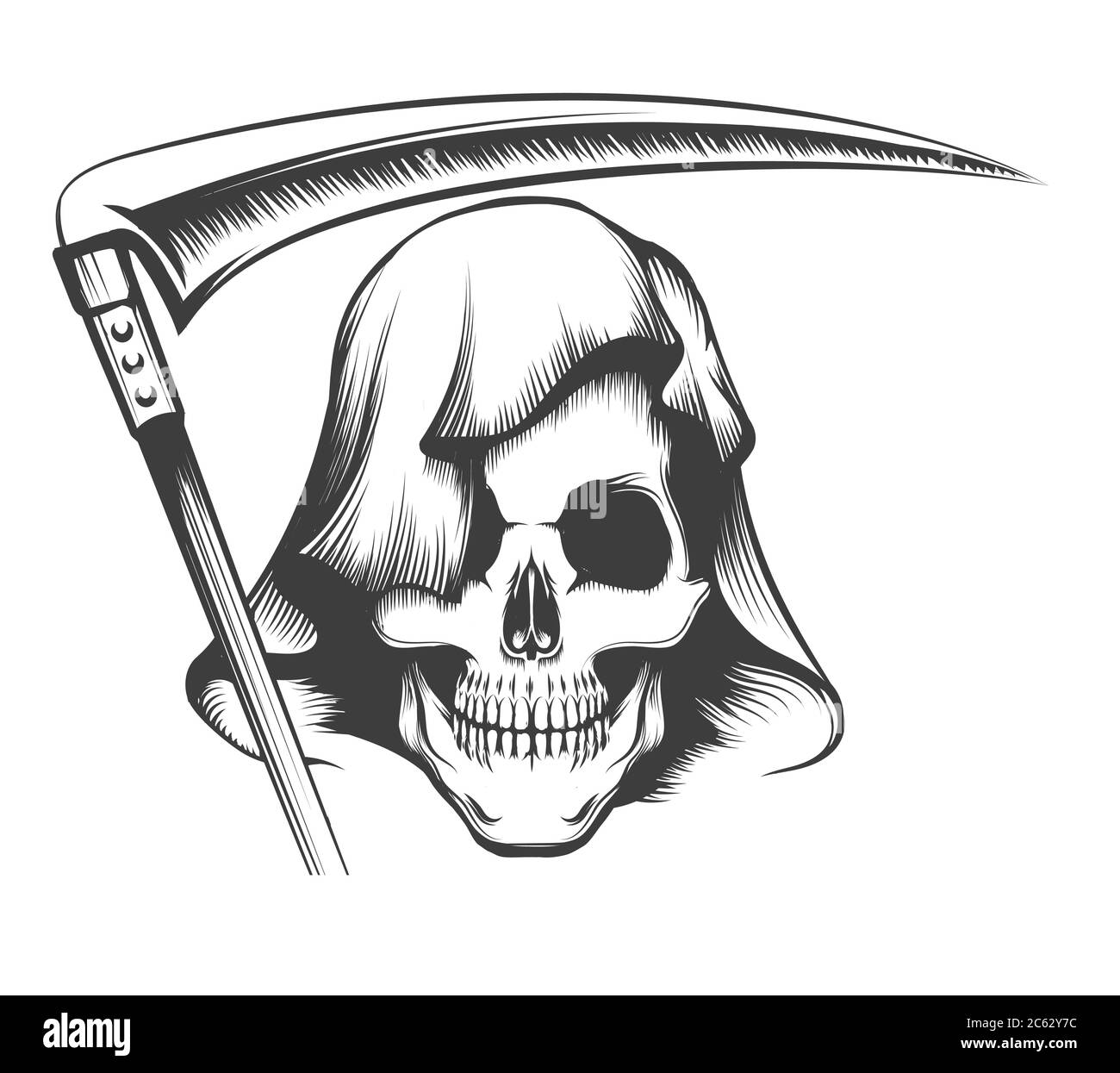 Tatuaggio di riaper di Grime. Cranio nel cofano con illustrazione vettoriale Scythe. Illustrazione Vettoriale