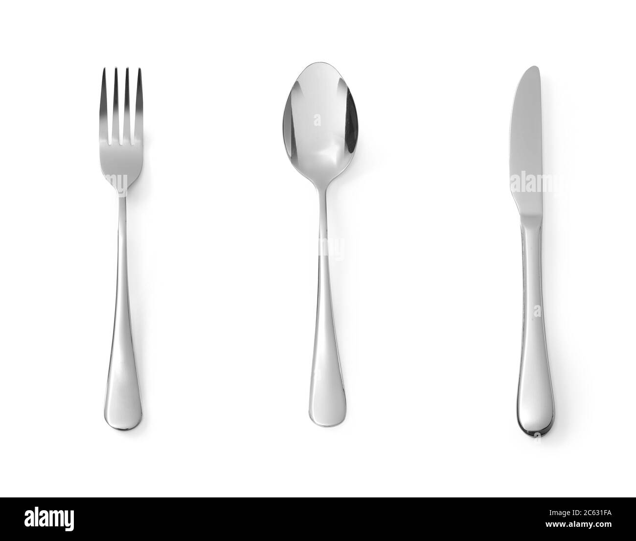 Set di posate da dessert forchetta e coltello in acciaio inox isolato su sfondo bianco Foto Stock