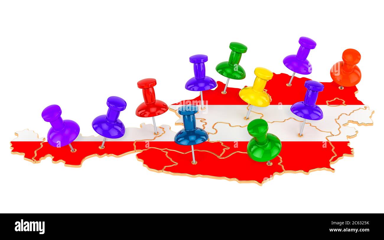 Mappa dell'Austria con spille colorate, rendering 3D isolato su sfondo bianco Foto Stock