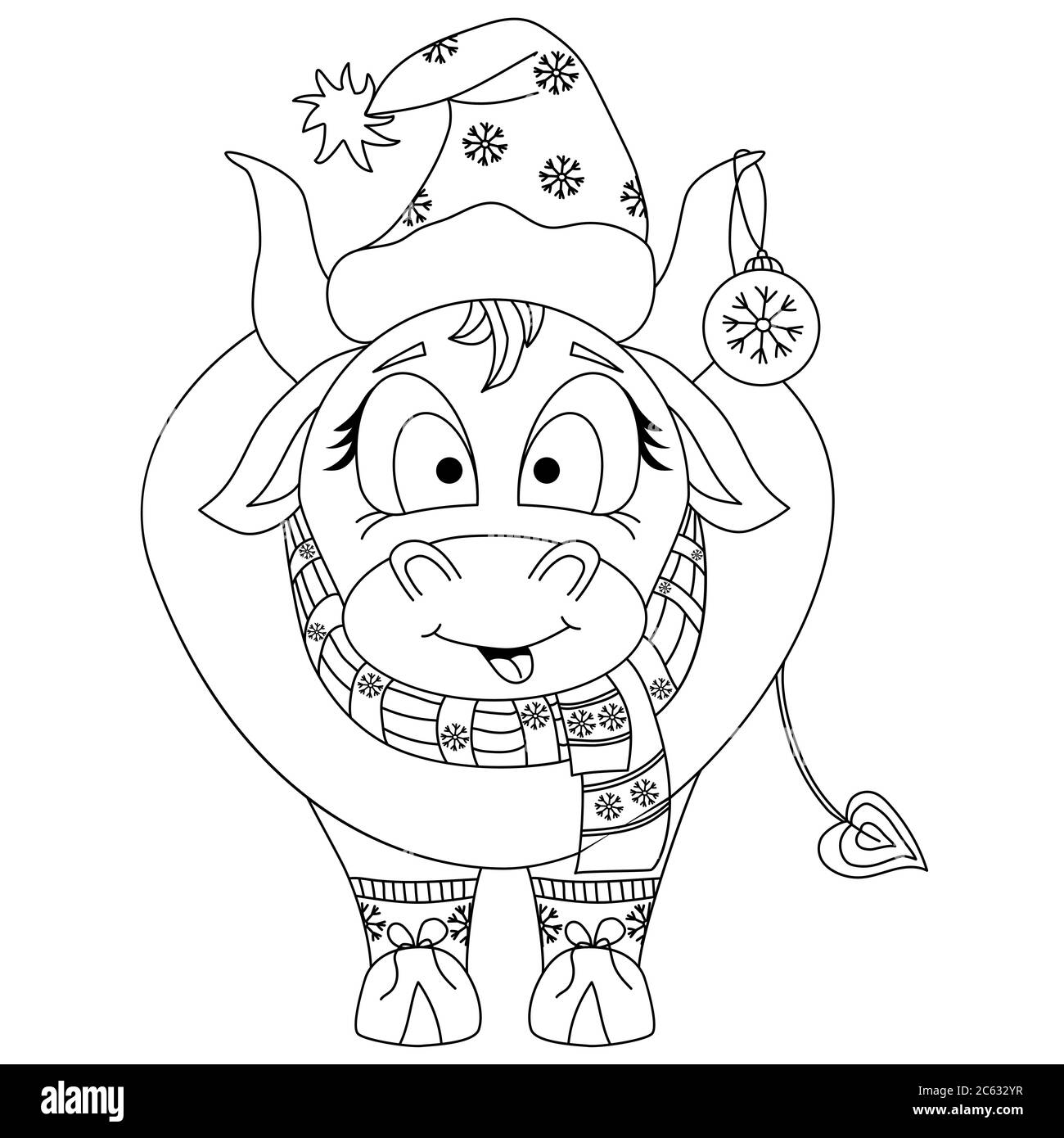 toro carino. Cinese nuovo anno 2021 anno del bue. un toro in abiti natalizi, un cappello e una palla sull'orecchio. Disegno vettoriale a contorno nero. Illustrazione Vettoriale