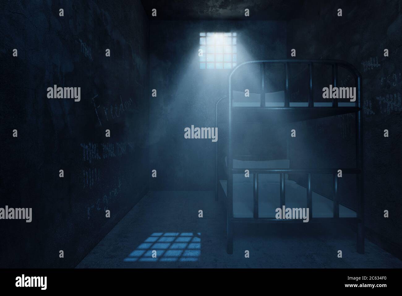rappresentazione 3d di cella di prigione grunge con letto a castello e raggio luminoso di finestra di notte Foto Stock