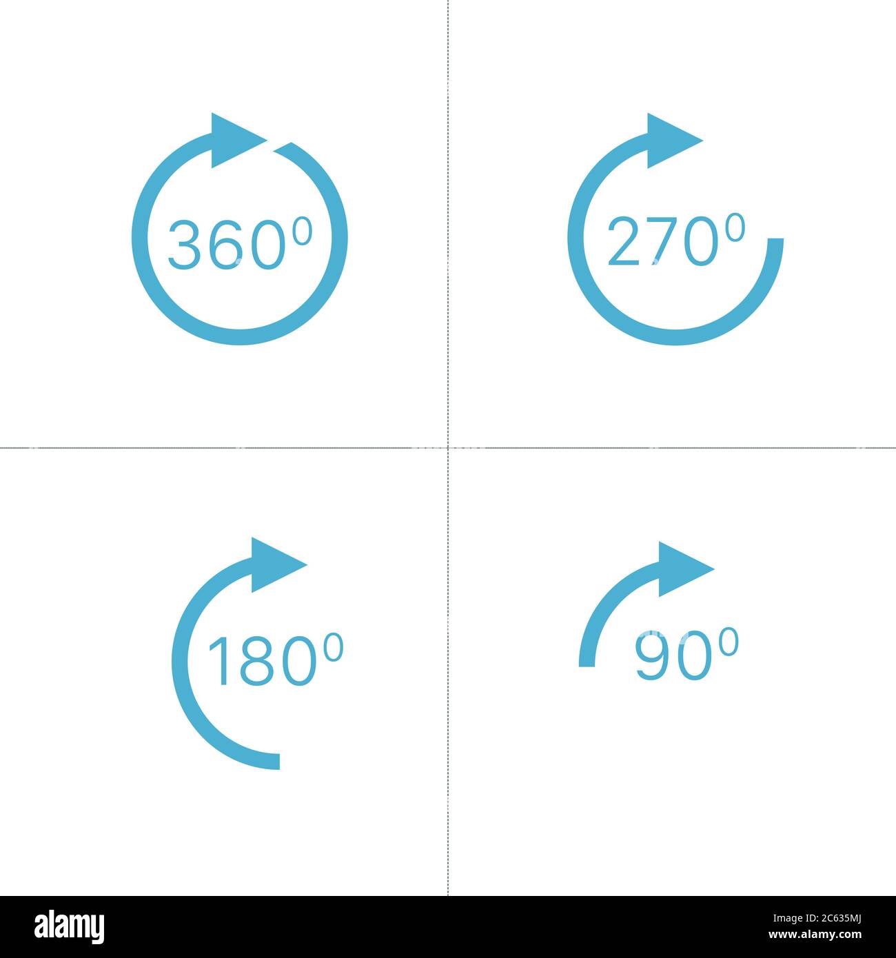 Icona di rotazione, 360, 270. 180. icone di visualizzazione o di rotazione a 90 gradi. Illustrazione vettoriale di stock isolata su sfondo bianco. Illustrazione Vettoriale