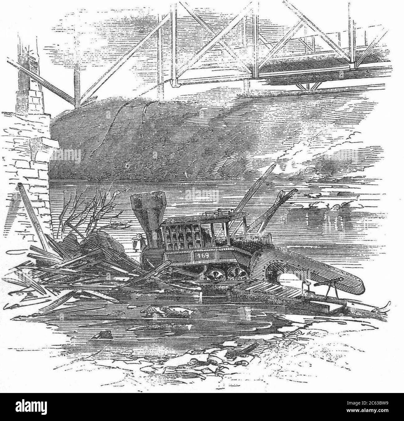 Locomotiva e tender lanciati dal ponte ferroviario a Harper's Ferry dai ribelli - RAID di John Brown Foto Stock