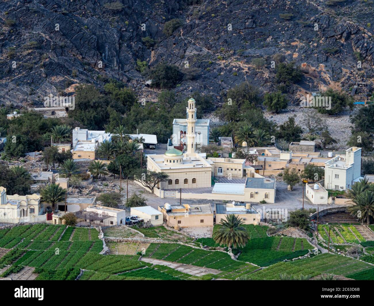 Un piccolo villaggio in fondo a Wadi Bani Awf, Sultanato dell'Oman. Foto Stock