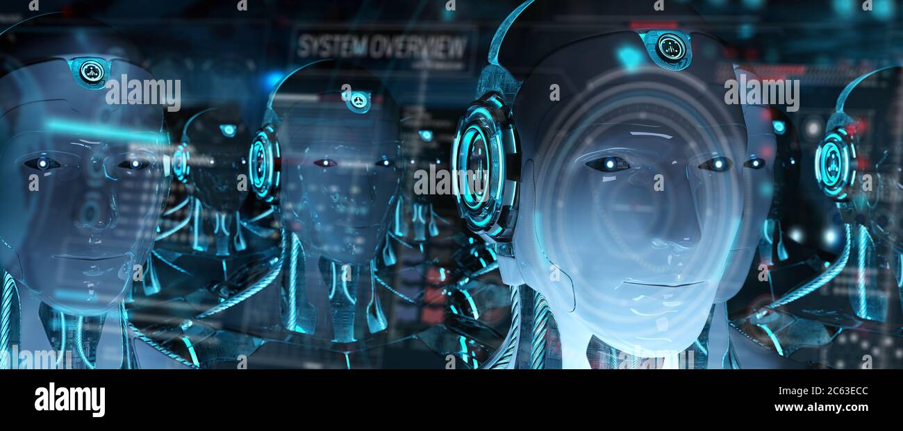 Gruppo di teste di robot maschi che utilizzano schermi di ologramma digitale interfacciano il rendering 3d Foto Stock