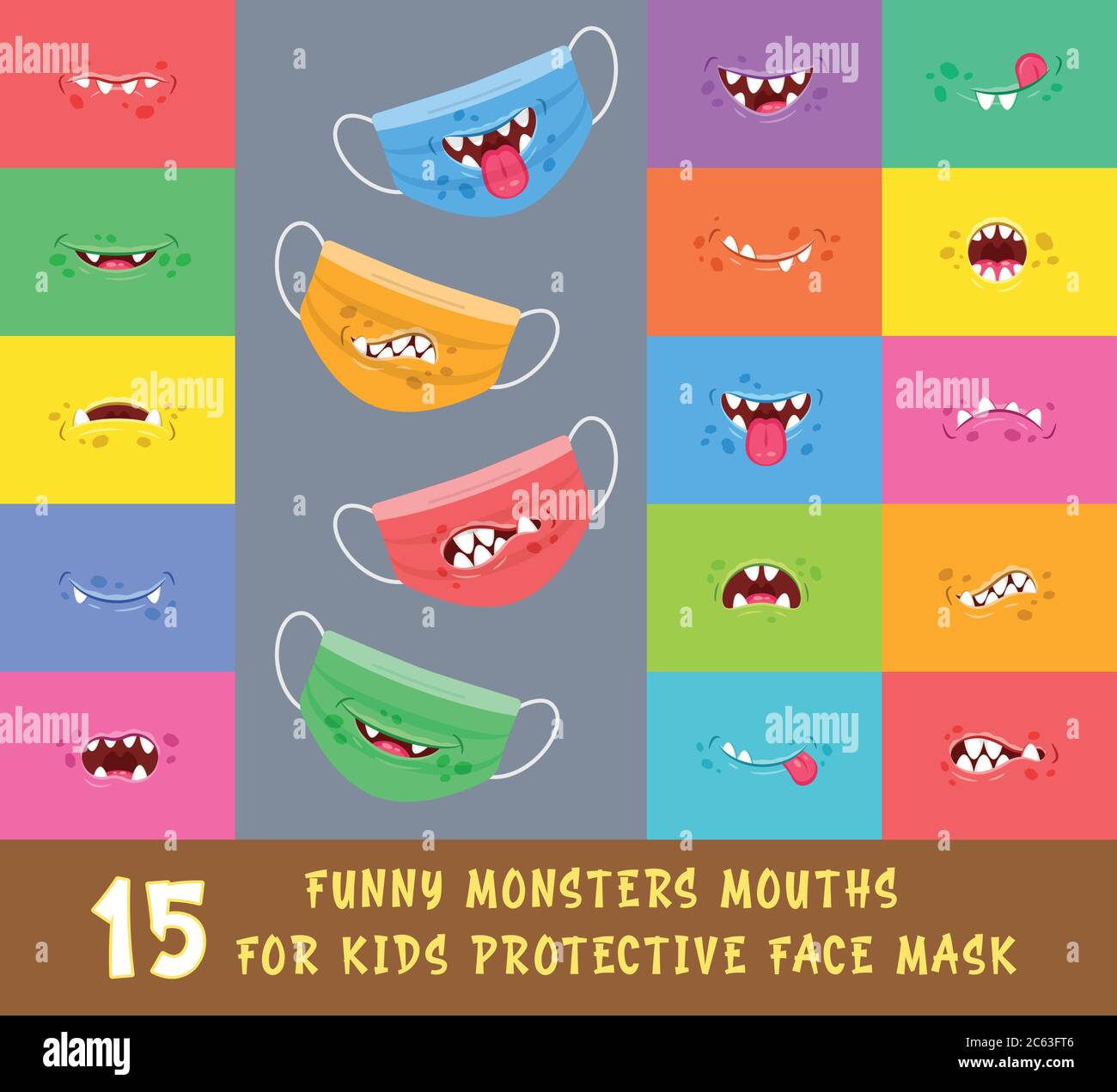 15 divertenti bocche per bambini maschera protettiva per il viso. Emoticon di cartoni animati pazzi. Illustrazione vettoriale. Illustrazione Vettoriale
