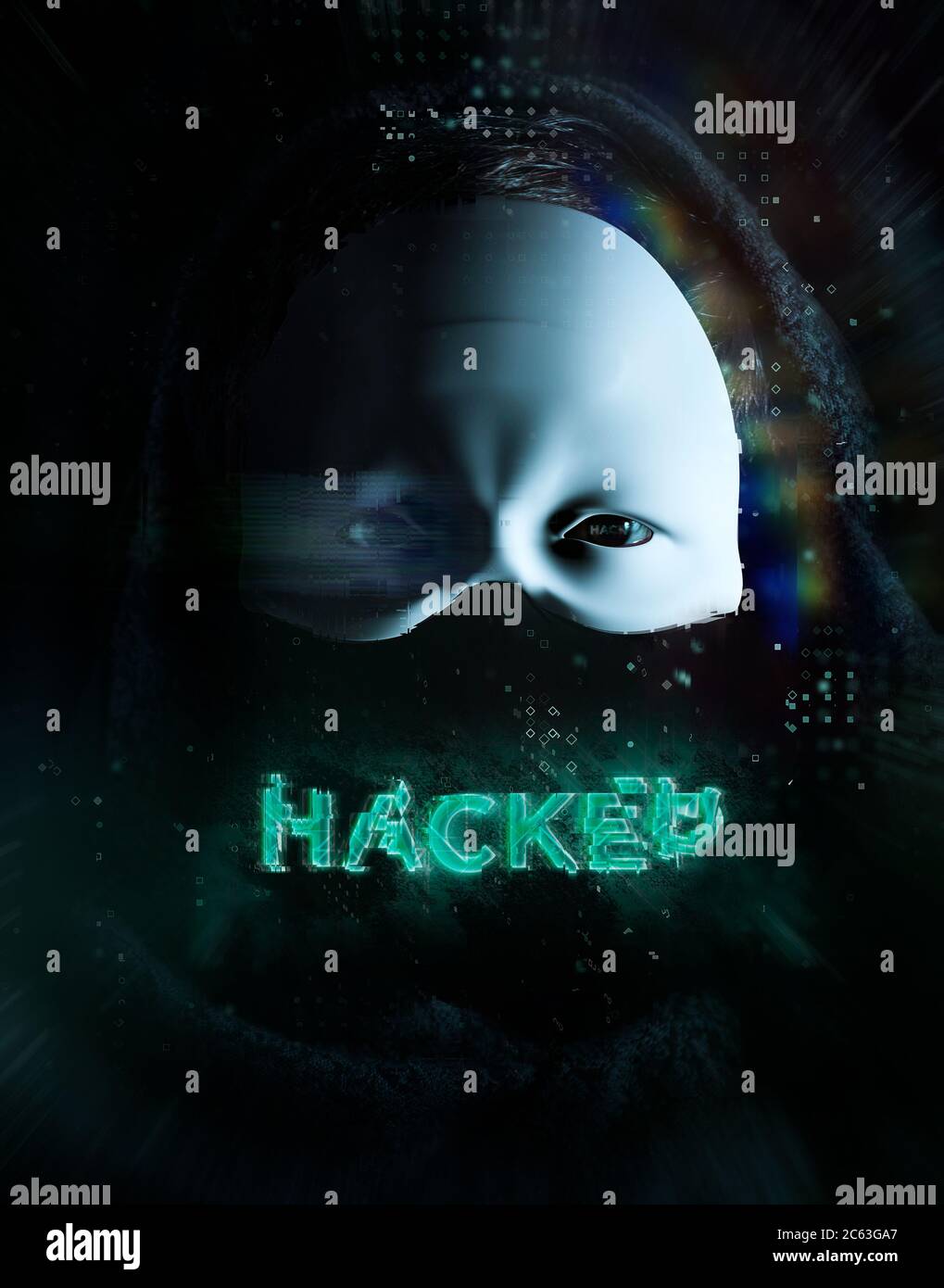 Cybersecurity, hacker informatico con felpa e volto oscuro, codice informatico futuristico sovrastante l'immagine. Titolo hacked. Foto Stock