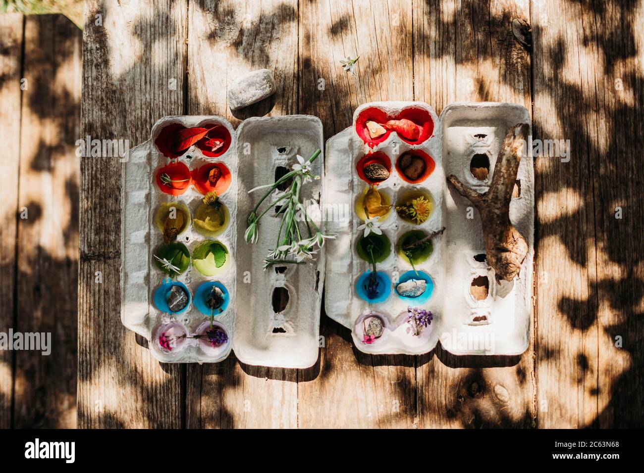 Immagine in alto di una collezione colorata di rocce e fiori Foto Stock