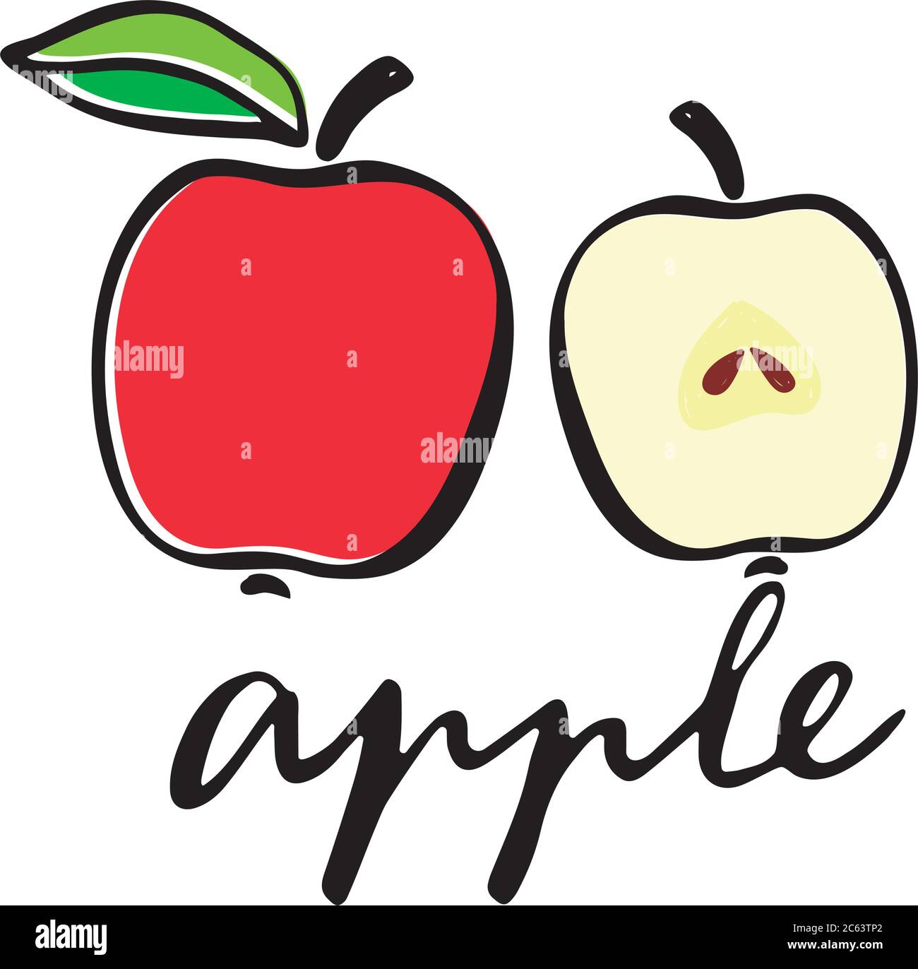 Una mela rossa e una mela nel taglio. Illustrazione vettoriale piatta. Scritta mela parola. Illustrazione Vettoriale