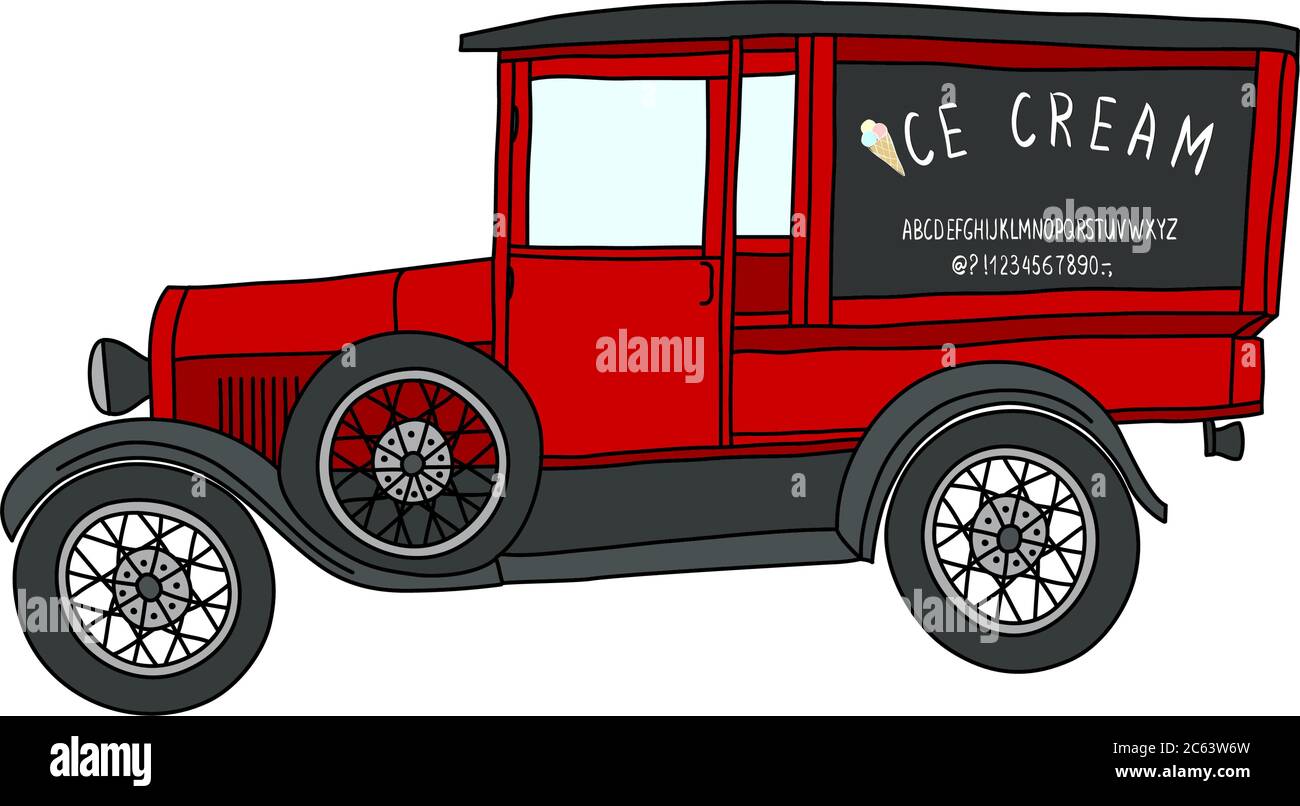 Negozio di ruote. Auto con pubblicità, auto rossa vintage. Alfabeto ,  lettere scritte a mano Immagine e Vettoriale - Alamy