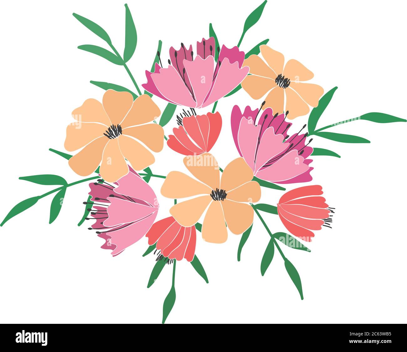 Bouquet di fiori, bacche, foglie e ramoscelli di piante fantasy. Fiori di campo selvatico. Illustrazione vettoriale Illustrazione Vettoriale