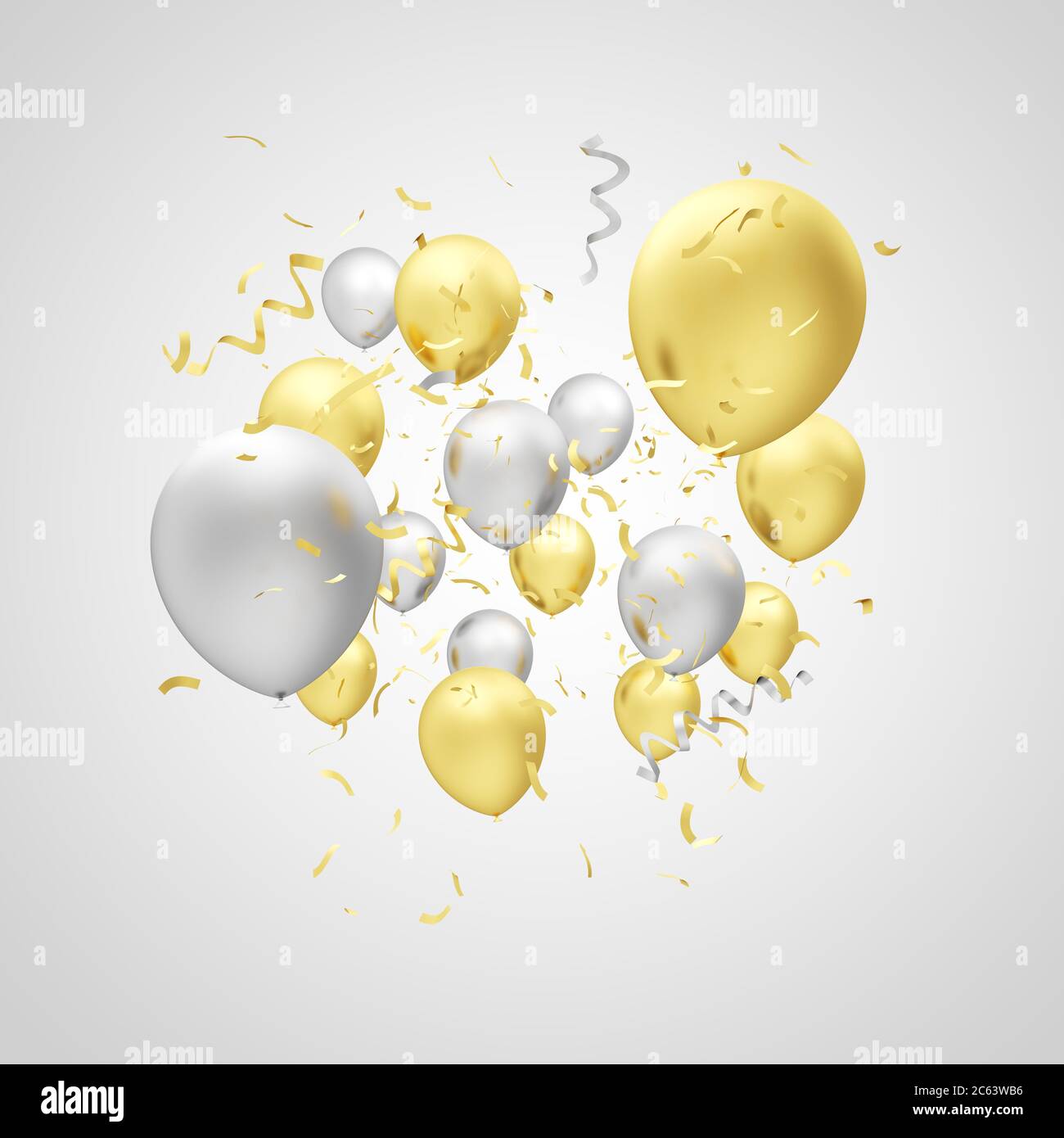 Palloncini d'argento e d'oro isolati su sfondo bianco. illustrazione 3d. Foto Stock