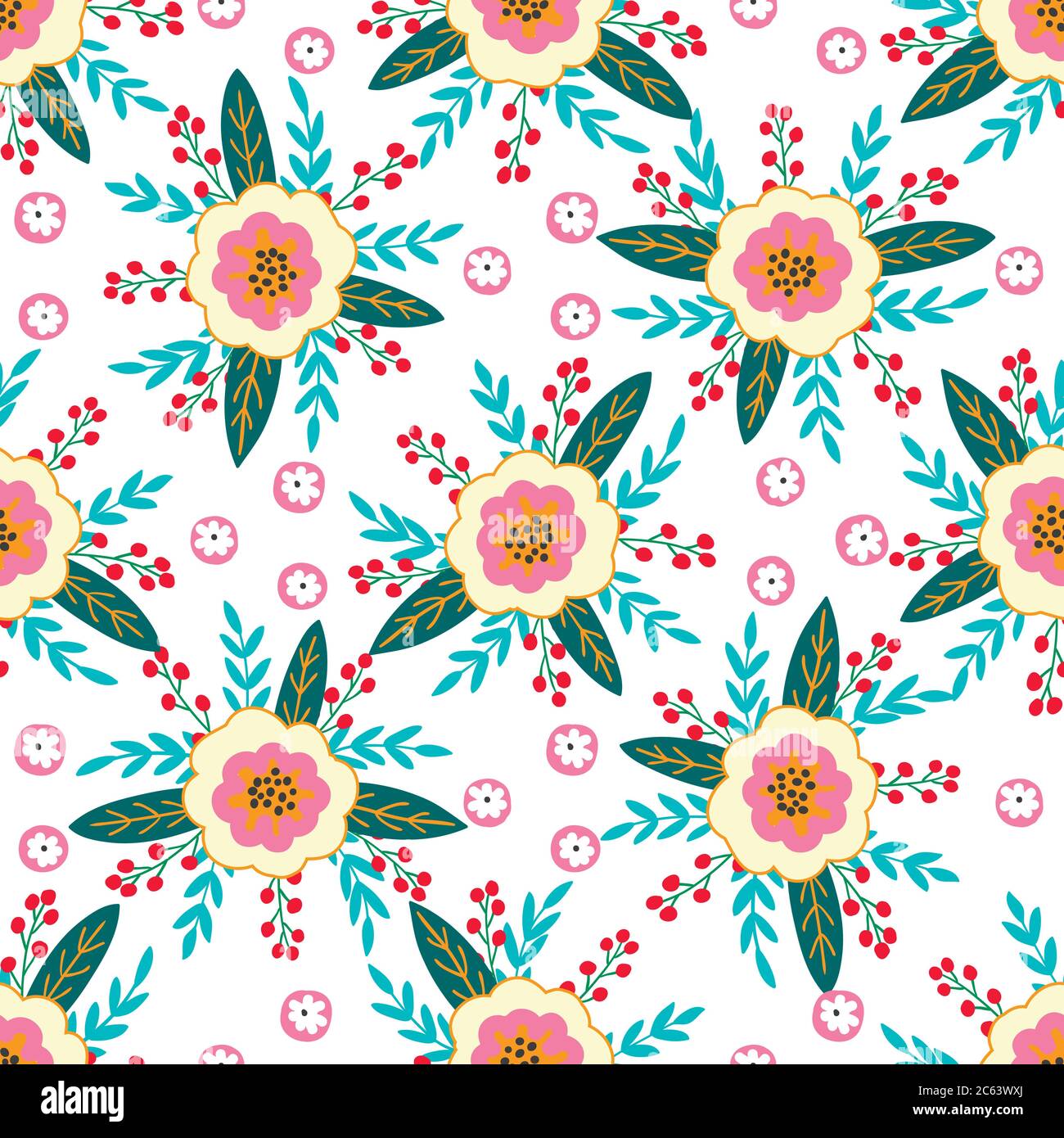 motivo senza cuciture di fiori, bacche, foglie e ramoscelli di piante fantasy. Illustrazione vettoriale Illustrazione Vettoriale