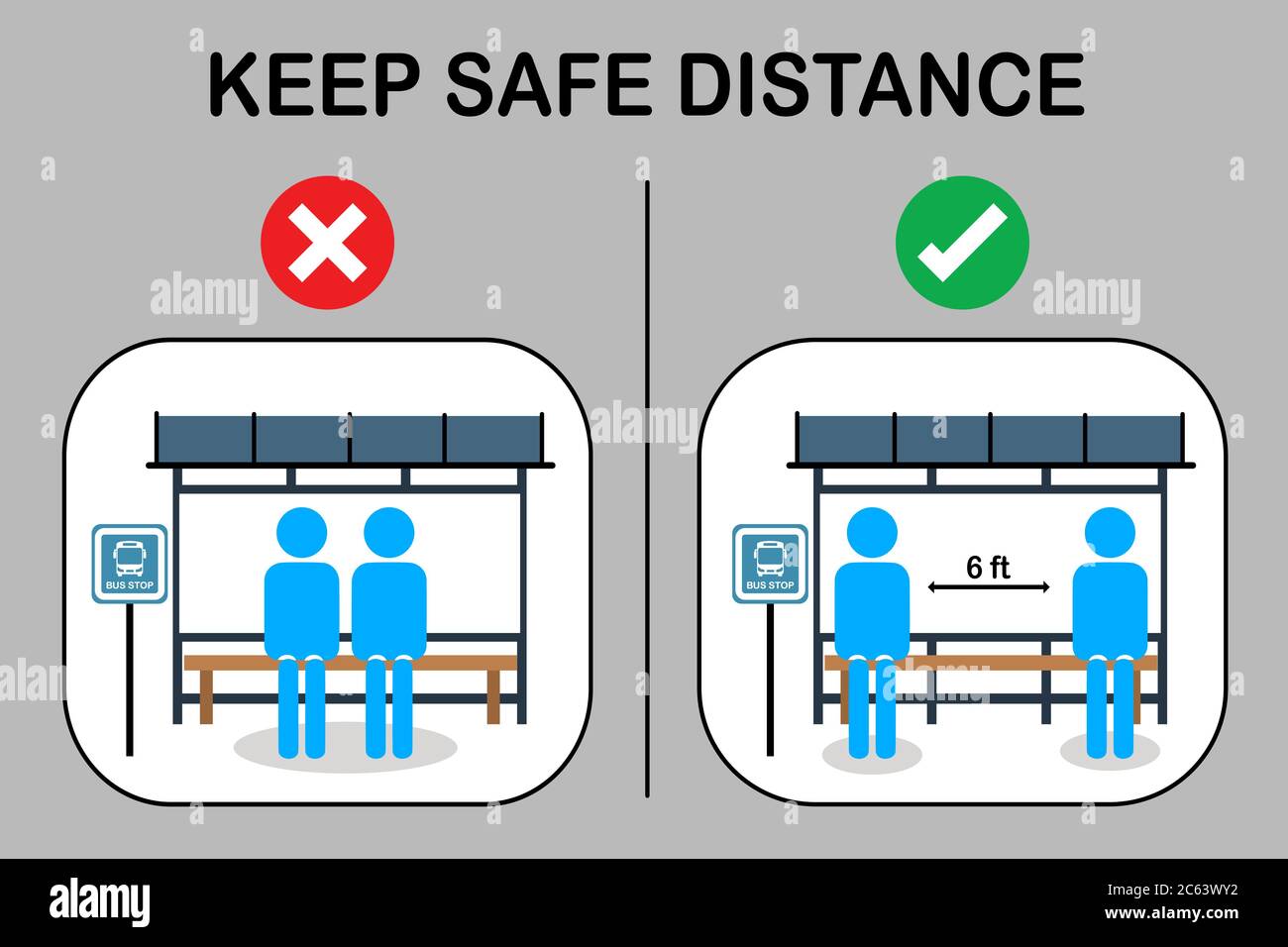 Distanza sociale con molte persone sulla coda di linea in stazione degli autobus. Fermata dell'autobus passeggeri in attesa. Illustrazione del concetto di vettore di trasporto della comunità urbana con Illustrazione Vettoriale