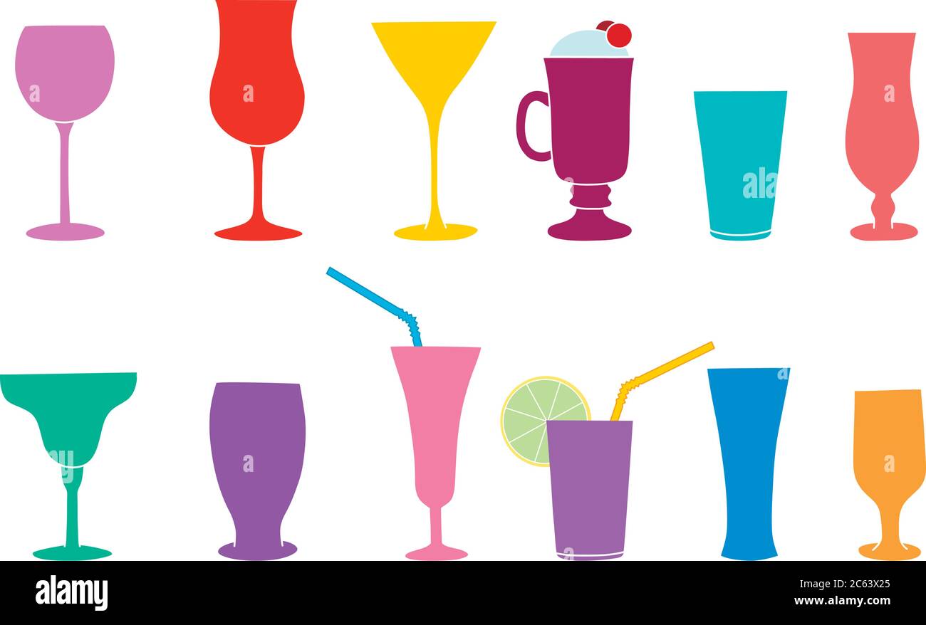 Sagome di cocktail, vino o bicchieri di champagne. Paglia da cocktail. Gruppo vettoriale. Illustrazione Vettoriale