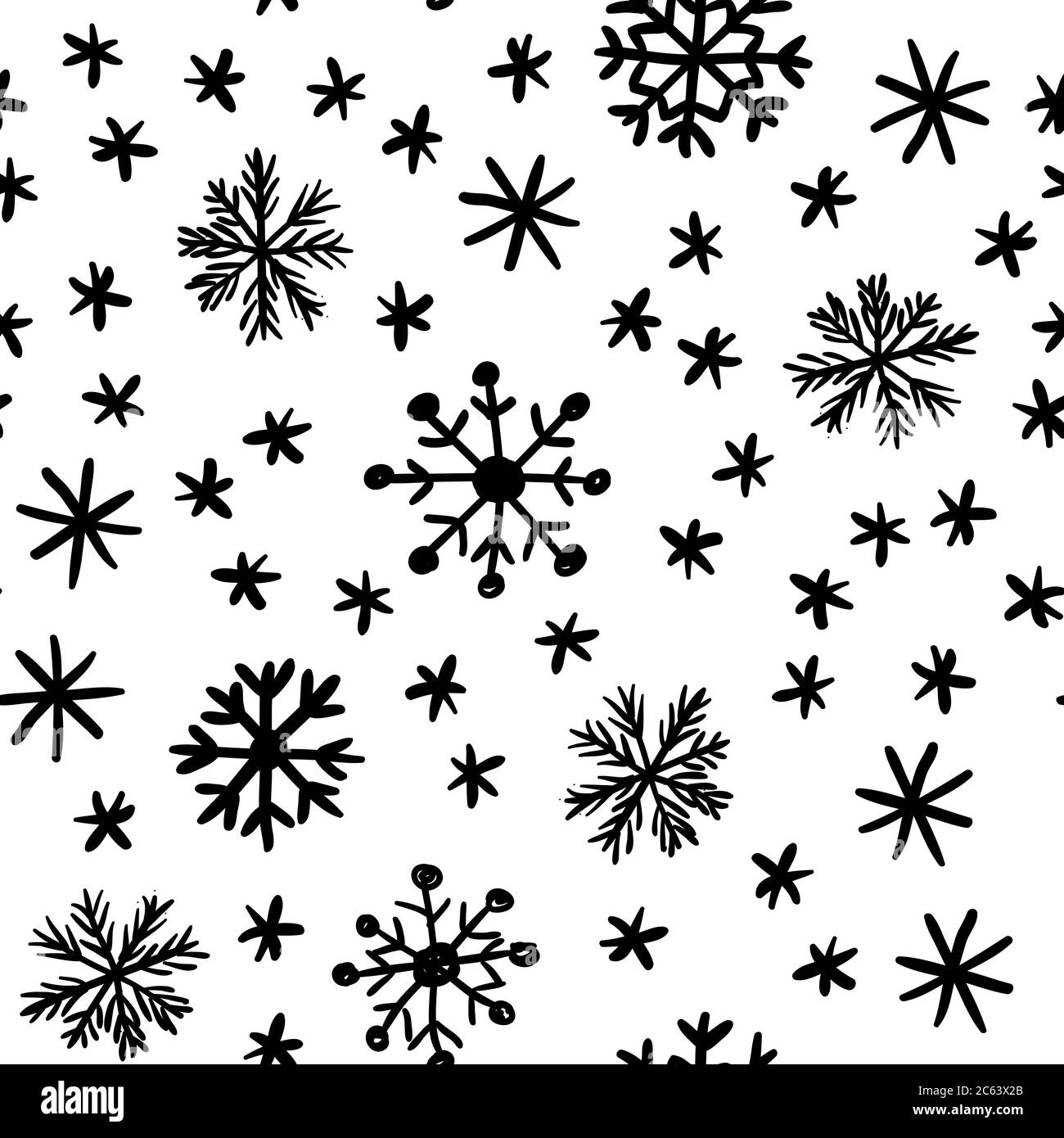 Sfondo vettoriale senza giunture con fiocchi di neve disposti casualmente. Illustrazione dello schizzo. Illustrazione Vettoriale