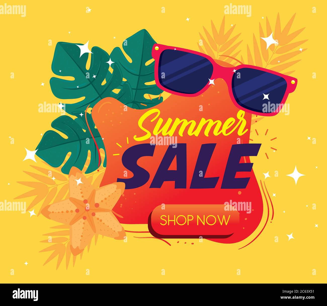 banner vendita estiva, poster sconto stagione con occhiali da sole, foglie,  fiore, invito per lo shopping con etichetta vendita estiva, scheda offerta  speciale Immagine e Vettoriale - Alamy