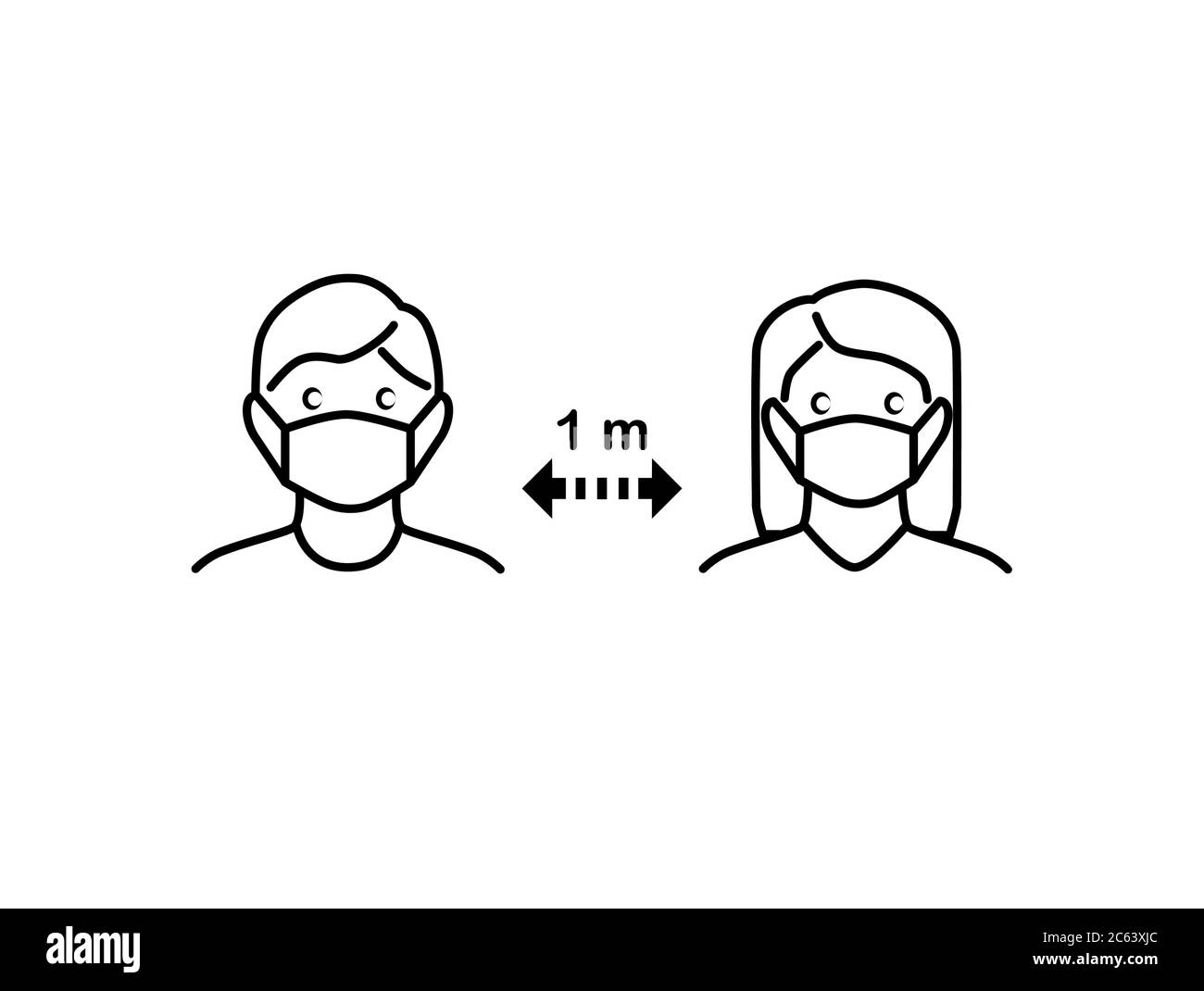 Persone mantenere distanza di sicurezza 1 meter.Man e donna indossare una maschera medica di protezione per prevenire il virus corona.nuovo concetto normale.umano per proteggere da co Illustrazione Vettoriale