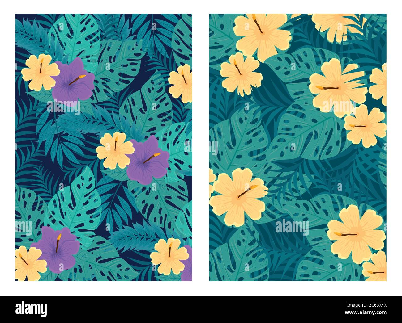 set di sfondi tropicali, fiori viola e giallo con piante tropicali,  decorazione con fiori e foglie tropicali Immagine e Vettoriale - Alamy
