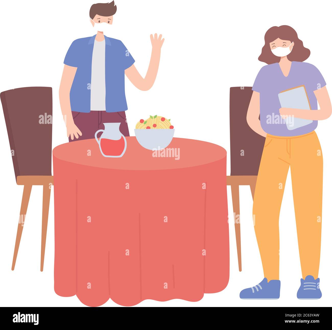 ristorante sociale distanziamento, uomo mangiare mantenere la distanza sociale, covid 19 pandemia, prevenzione di infezione coronavirus illustrazione vettore Illustrazione Vettoriale