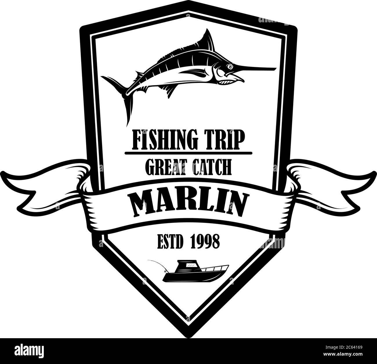 Marlin. Pesca viaggio. Modello emblema con marlin. Elemento di design per logo, etichetta, cartello, poster. Illustrazione vettoriale Illustrazione Vettoriale