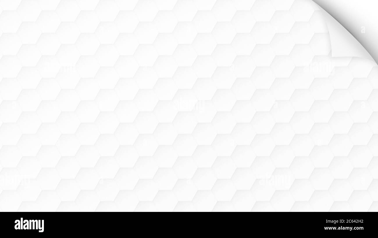 Motivo esagonale bianco e grigio chiaro su bianco con angolo di carta arricciato. Sfondo moderno semplice e astratto con risoluzione 4k. Foto Stock