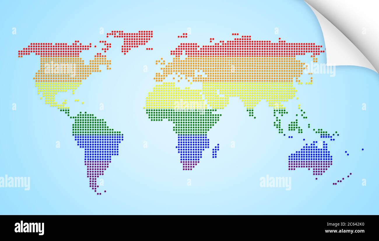 Mappa del mondo punteggiata con i colori della bandiera arcobaleno del movimento LGBT su sfondo azzurro. Illustrazione concettuale ad alta risoluzione. Angolo della carta arricciato. Foto Stock