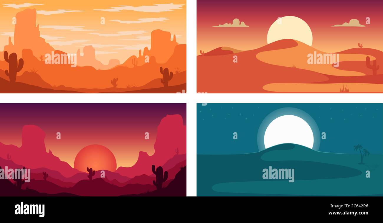 Set di poster con il paesaggio selvaggio deserto. Elemento di progettazione per banner, volantino, scheda. Illustrazione vettoriale Illustrazione Vettoriale