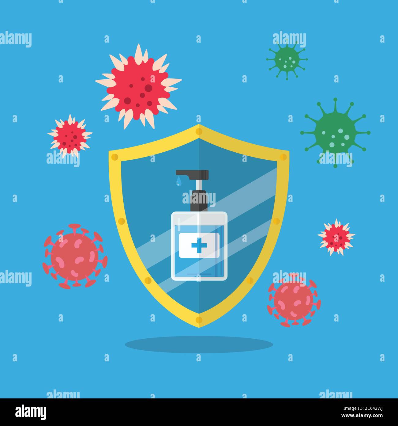 Flacone pompa igienizzante per mani con protezione anti-virus. Illustrazione vettoriale di stile piatto Illustrazione Vettoriale