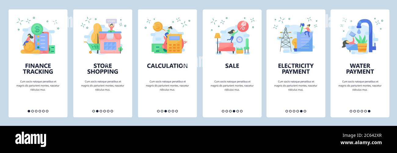 Modello vettoriale delle schermate di onboarding del sito Web di monitoraggio finanziario e delle app mobili Illustrazione Vettoriale