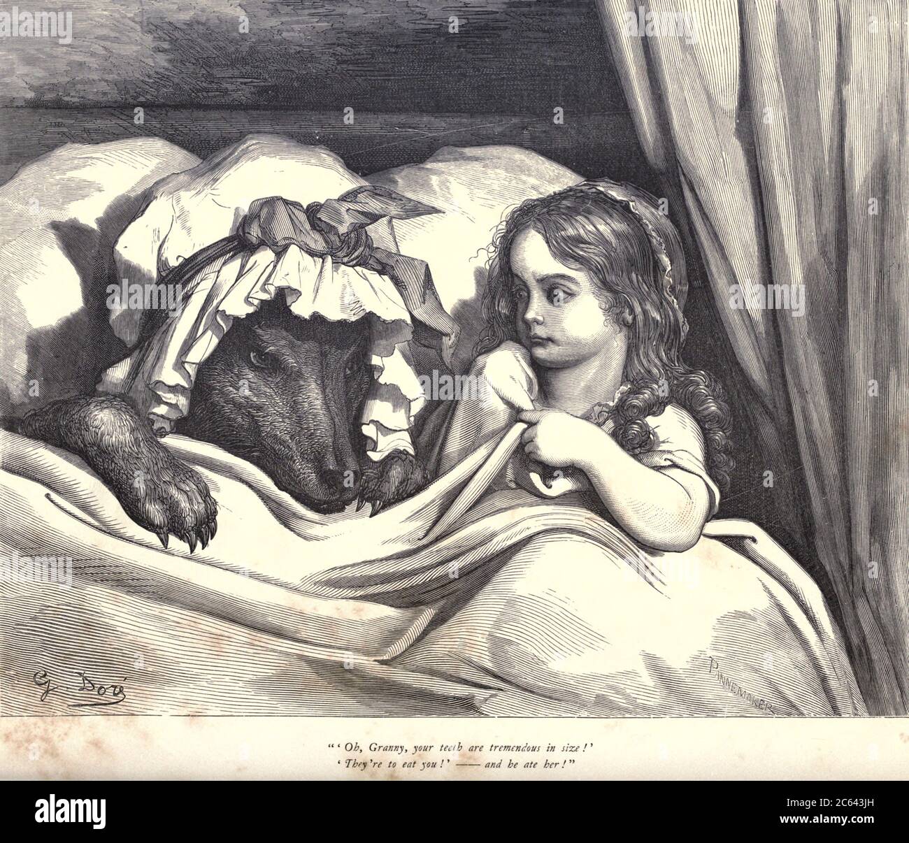 OH, Granny, i tuoi denti sono di dimensioni enormi!" "Ti mangeranno!" – e la mangiò!» Da ‘Little Red Riding Hood’ di Paul Gustave Dore (1832-1883) dal libro Fairy Realm. Una raccolta dei vecchi racconti preferiti. Illustrato dalla matita di Gustave Dore di Tom Hood, (1835-1874); Gustave Doré, (1832-1883) pubblicato a Londra da Ward, Lock e Tyler nel 1866 Foto Stock