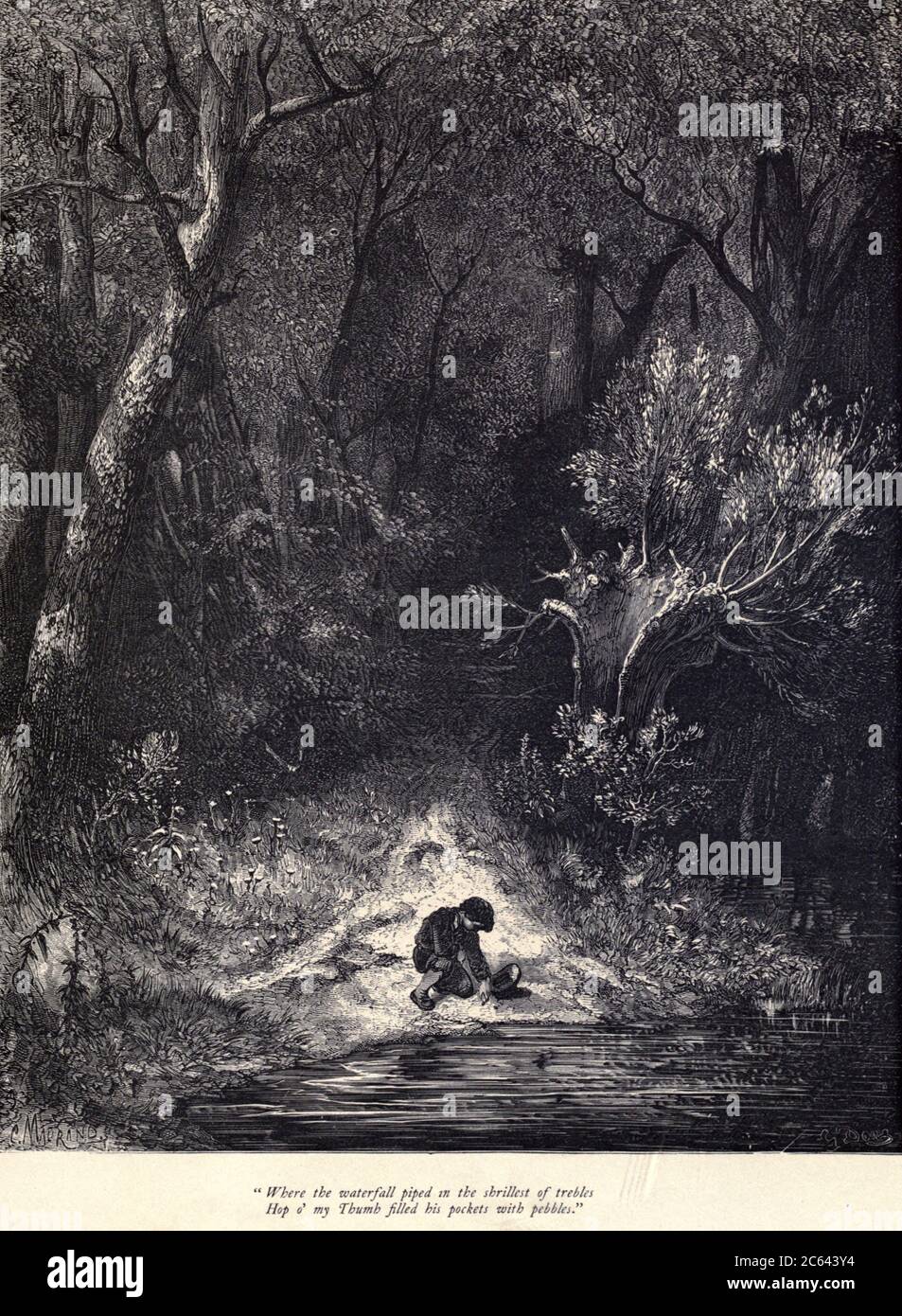 Dove la cascata si è arrabbiato nella più ristretta degli alberi Hop o' il mio Thumb riempì le sue tasche di ciottoli." Illustrazione di ‘Hop o’ My Thumb’ di Paul Gustave Dore. Hop-o'-My-Thumb (Hop-on-My-Thumb), o Hop o' My Thumb, noto anche come Little Thumbling, Little Thumb, o Little Poucet è una delle otto favole pubblicate da Charles Perrault in Histoires ou Contes du temps passé (1697), dove il piccolo ragazzo sconfigge l'orco. Illustrazione di Gustave Dore dal regno fata del libro. Una raccolta dei vecchi racconti preferiti. Illustrato dalla matita di Gustave Dore di Tom Hood, (1835-1874); Gustave Do Foto Stock