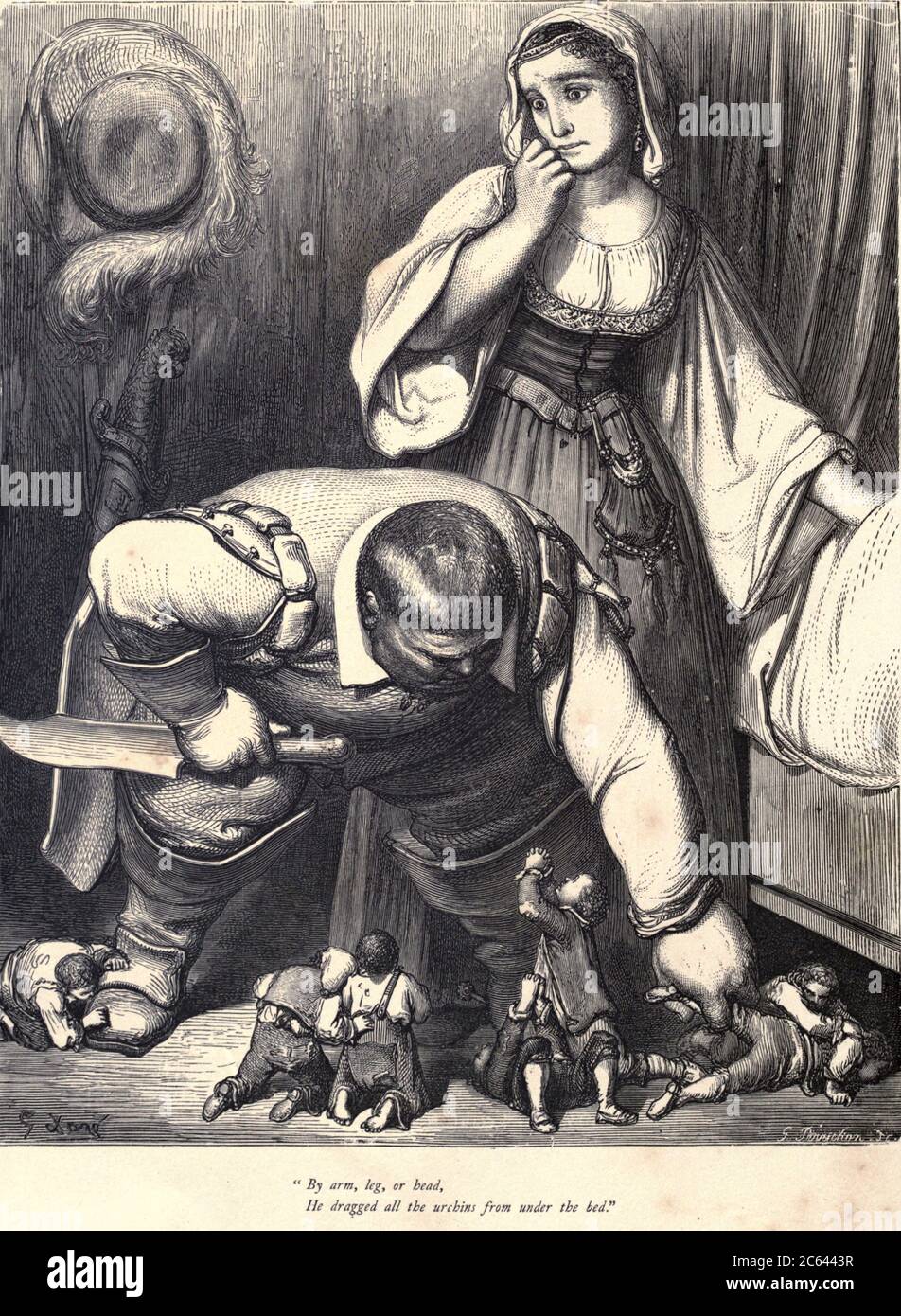 Per braccio, gamba o testa, trascinò tutti i ricci da sotto il letto" Illustrazione da ‘Hop o’ My Thumb’ di Paul Gustave Dore. Hop-o'-My-Thumb (Hop-on-My-Thumb), o Hop o' My Thumb, noto anche come Little Thumbling, Little Thumb, o Little Poucet è una delle otto favole pubblicate da Charles Perrault in Histoires ou Contes du temps passé (1697), dove il piccolo ragazzo sconfigge l'orco. Illustrazione di Gustave Dore dal regno fata del libro. Una raccolta dei vecchi racconti preferiti. Illustrato dalla matita di Gustave Dore di Tom Hood, (1835-1874); Gustave Doré, (1832-1883) pubblicato a Londra Foto Stock