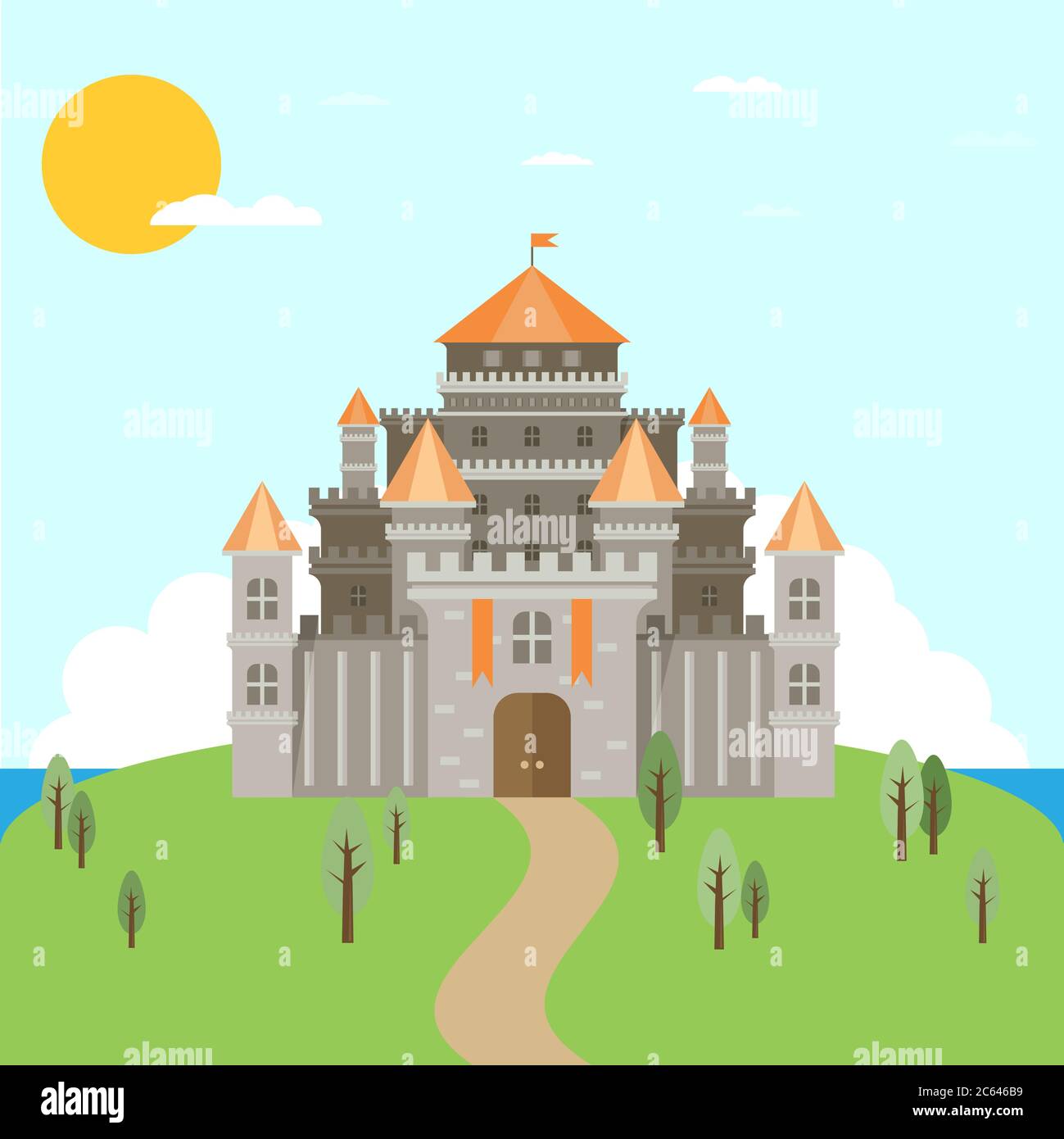 Magico favoloso castello di cartoni animati. Illustrazioni piatte vettoriali Illustrazione Vettoriale