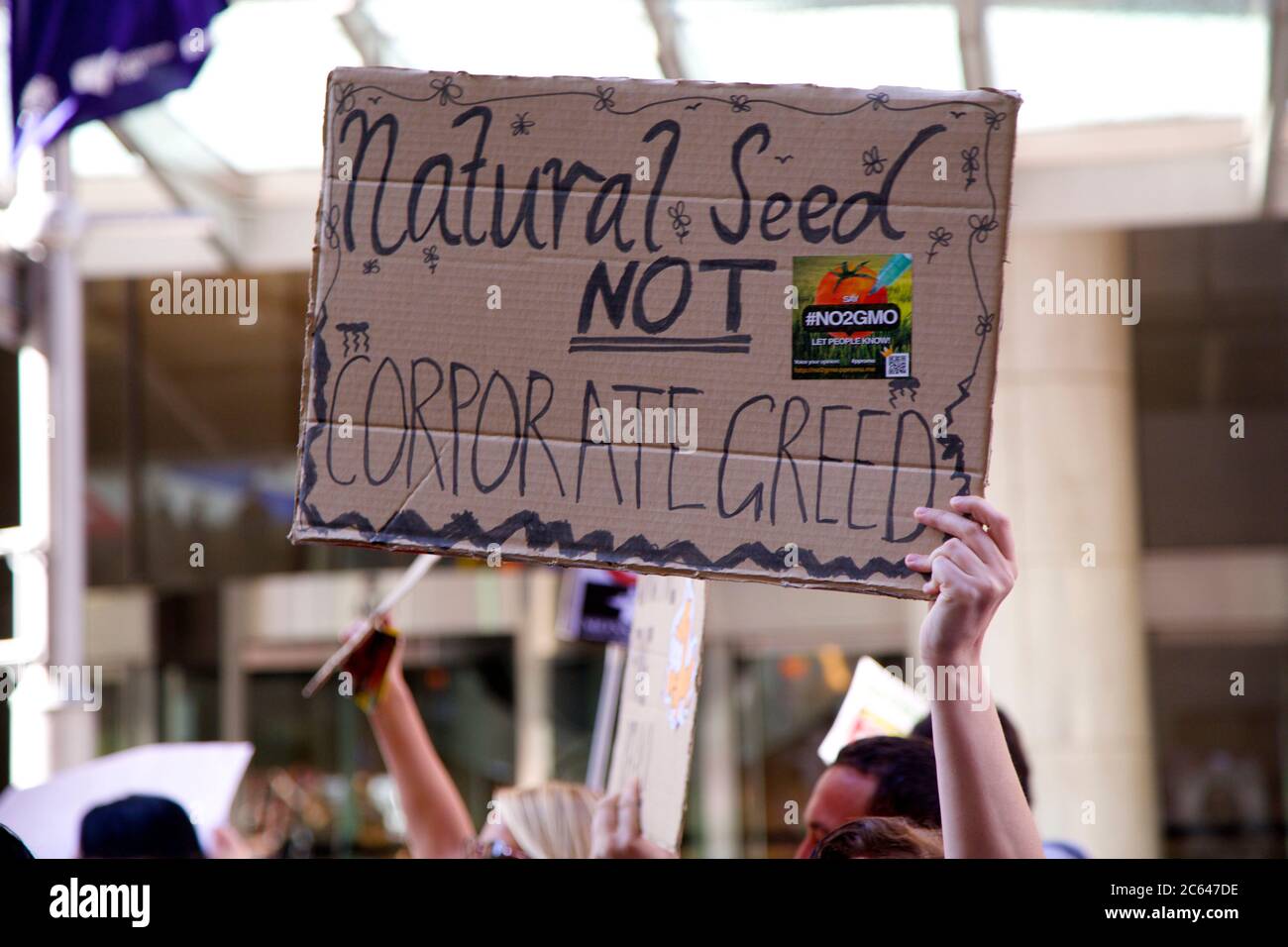 Marcia contro i manifestanti Monsanto su George Street, Sydney voleva "seme naturale, non avidità aziendale". Foto Stock