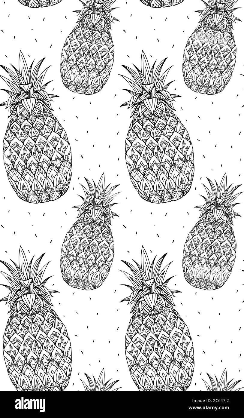 Texture doodle senza cuciture con ananas con motivo boho. Elemento vettoriale per la stampa su T-shirt, libri da colorare per adulti e cartoline. Illustrazione Vettoriale