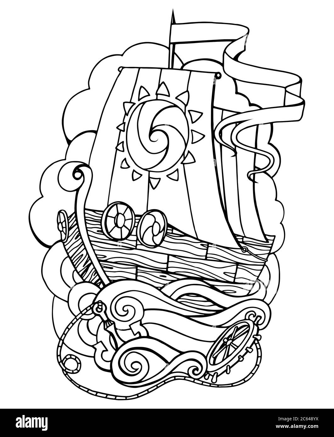 Illustrazione vettoriale della nave con un ancoraggio e un timone. Colorazione template per adulti. Illustrazione Vettoriale