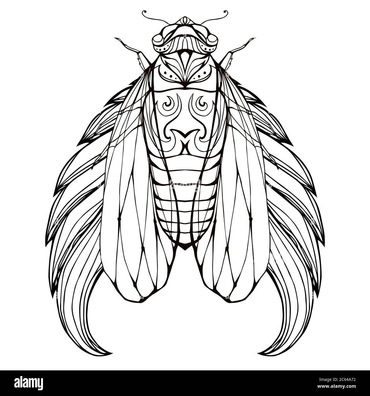 Doodle illustrazione di cicale con ali e boho modello. Elemento vettoriale per il disegno del tatuaggio, stampa su T-shirt, libri da colorare per adulti e per il Illustrazione Vettoriale