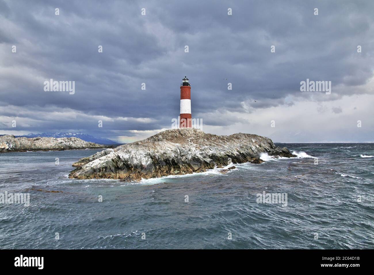 Faro Les Eclaireurs nel canale di Beagle vicino alla città di Ushuaia, Tierra del Fuego, Argentina Foto Stock