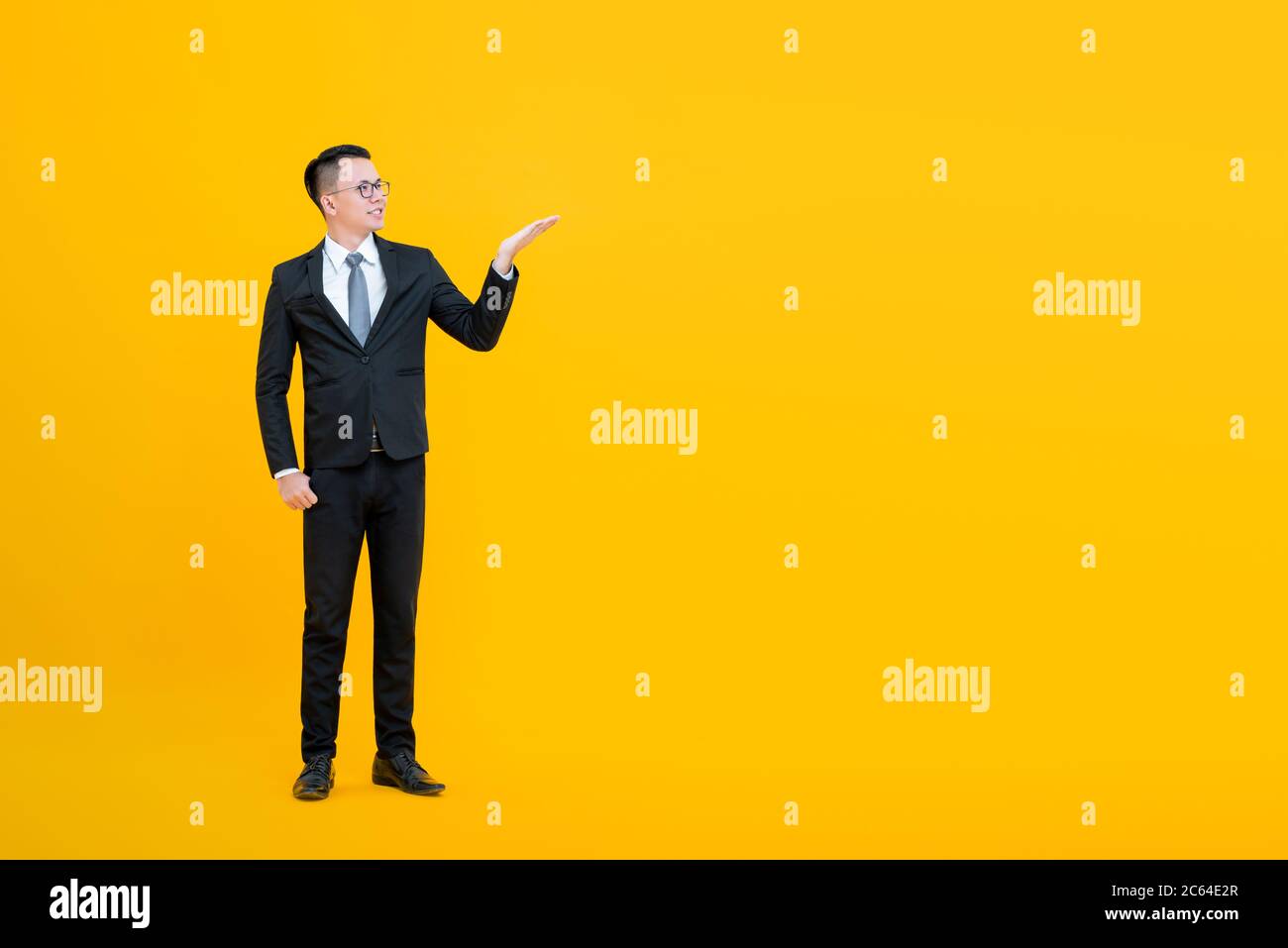 Giovane uomo d'affari asiatico intelligente che fa gesto di presentazione con palma aperta a spazio vuoto isolato su sfondo giallo studio Foto Stock