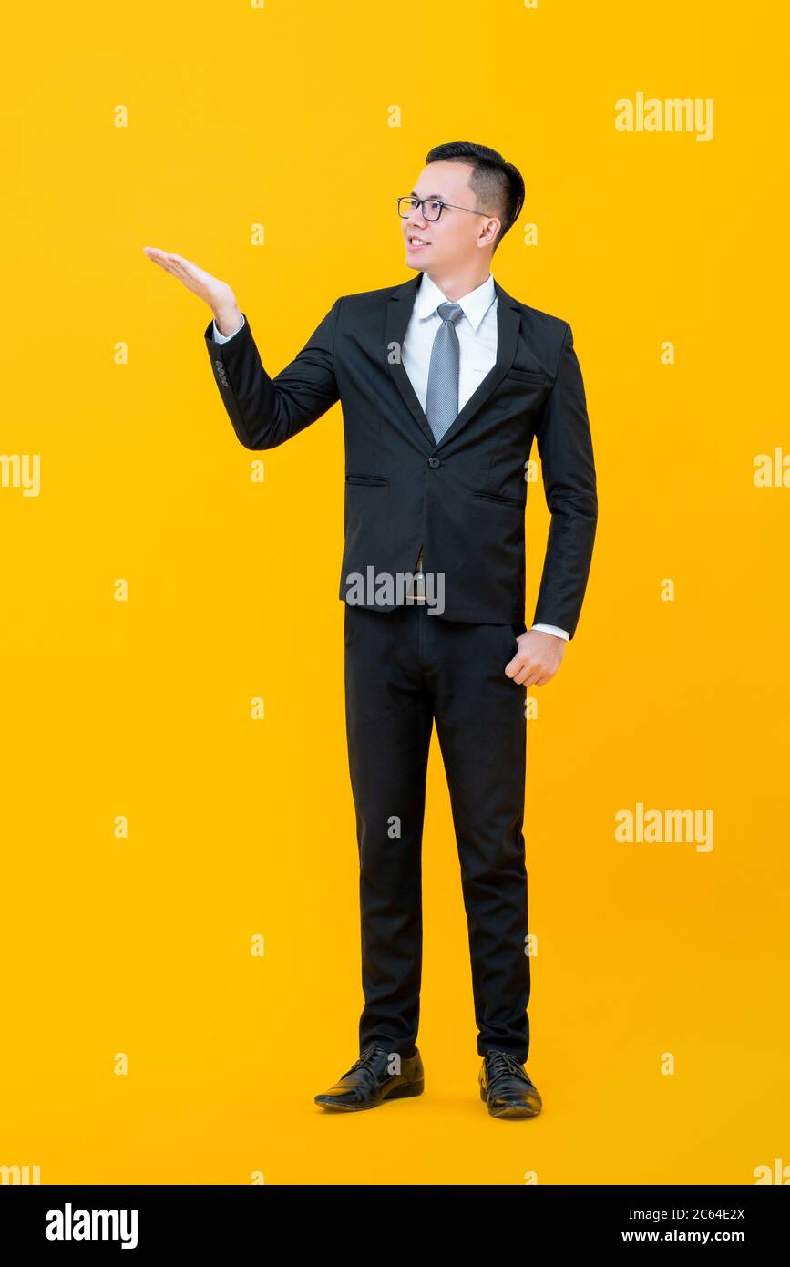 Giovane uomo d'affari asiatico intelligente che fa gesto di presentazione con palma aperta a spazio vuoto isolato su sfondo giallo studio Foto Stock